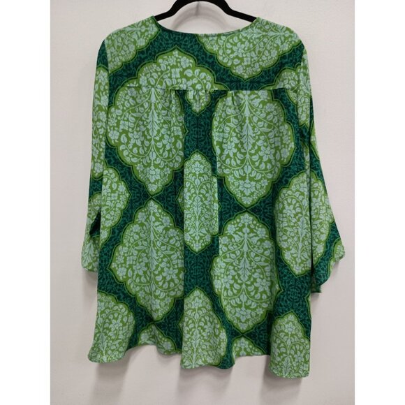 Beautiful By Lawrence Zarian Womens BOHO Blouse Size 1X Green Printed 3/4 Sleeve - Picture 7 of 8